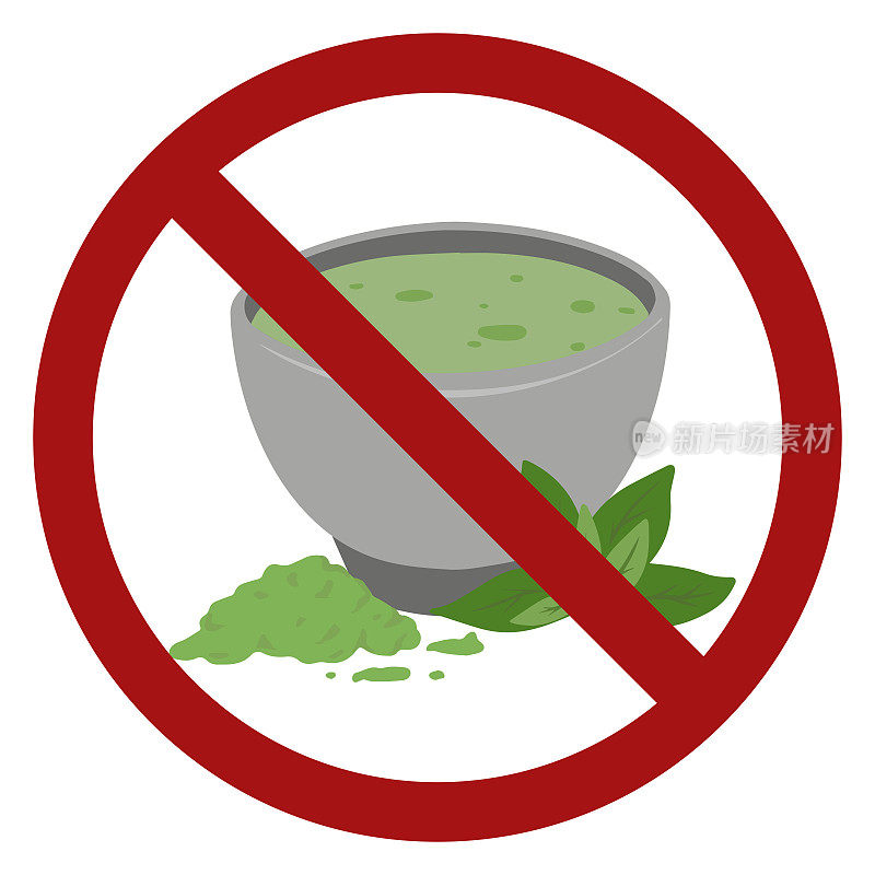 Ban on Japanese matcha tea. Green tea with powder, foliage in a prohibition sign. Allergy risk. Vector forbidden sign